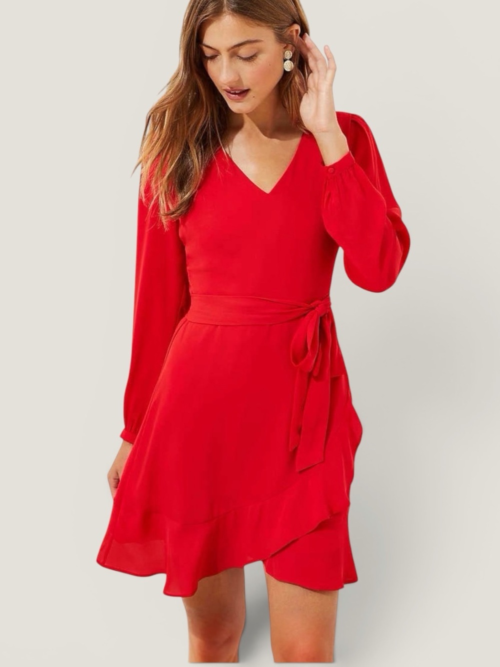 LOFT V-Neck Long-Sleeve Faux Wrap Dress with Ruffle Hem Red Women’s Size 6T Tall